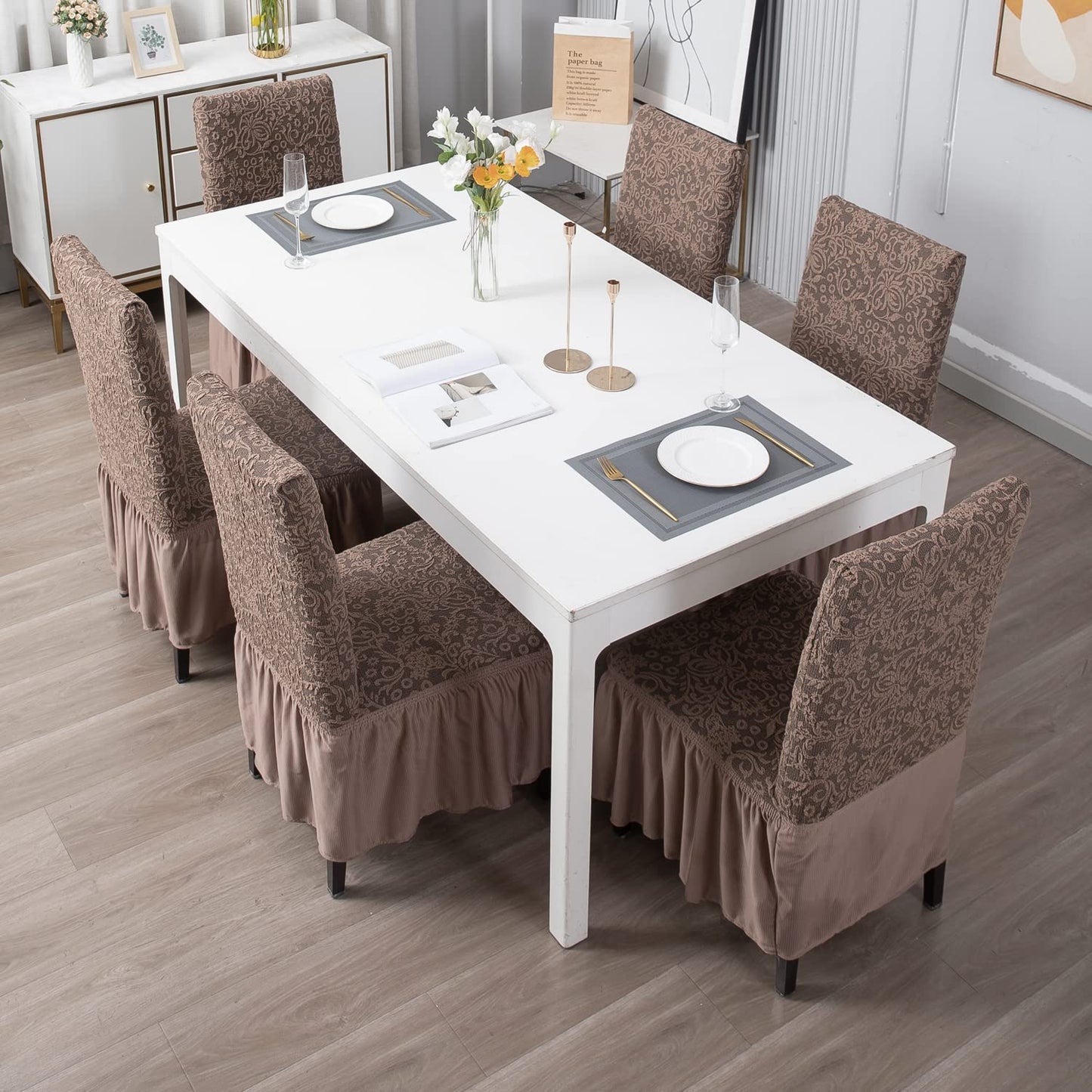 Elastic Stretchable Designer Woven Jacquard Dining Chair Cover with Frill, Light Taupe