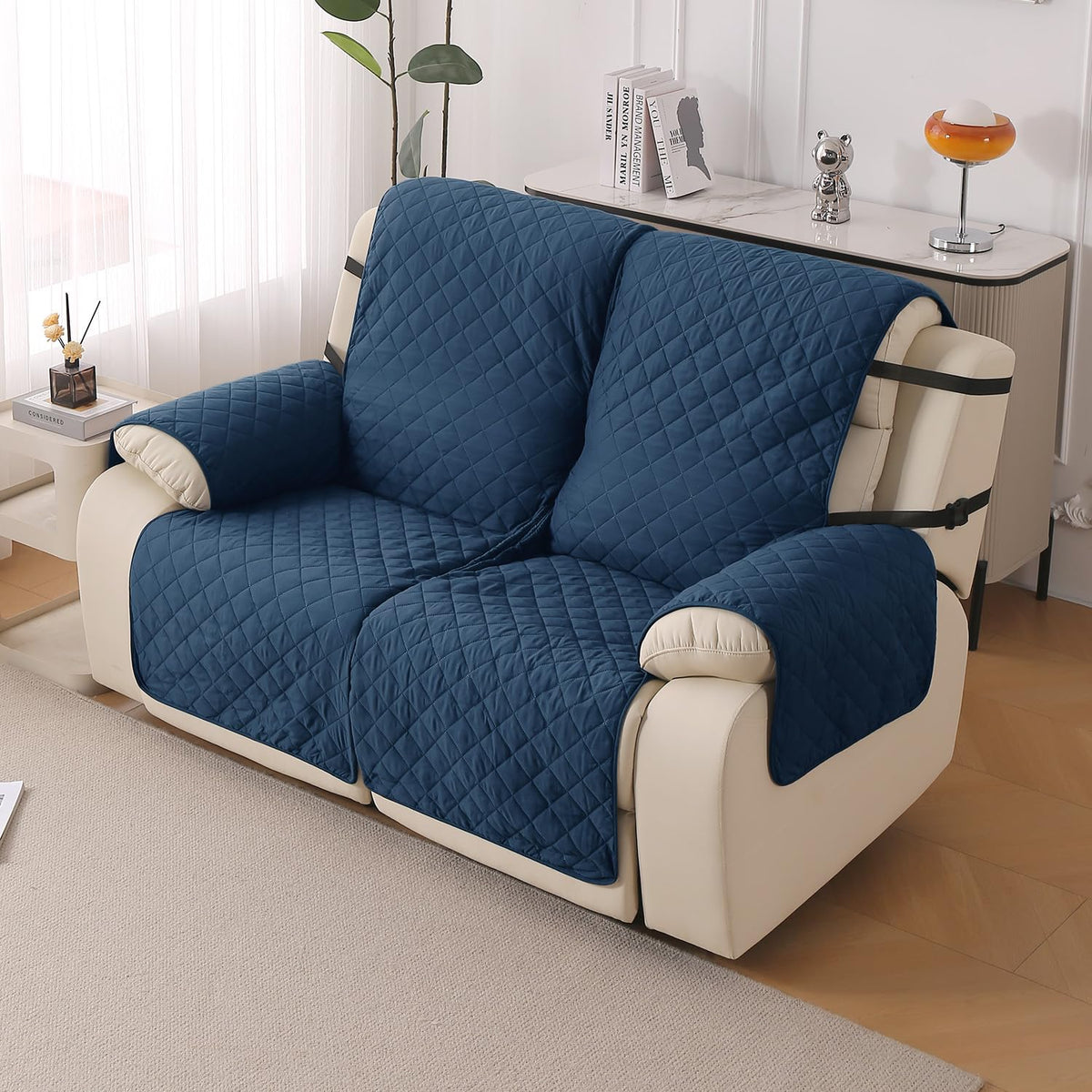 UrbanQuilt Recliner Sofa Slipcover Mat with Dual Belt for 1/2/3 Seater - Navy Blue