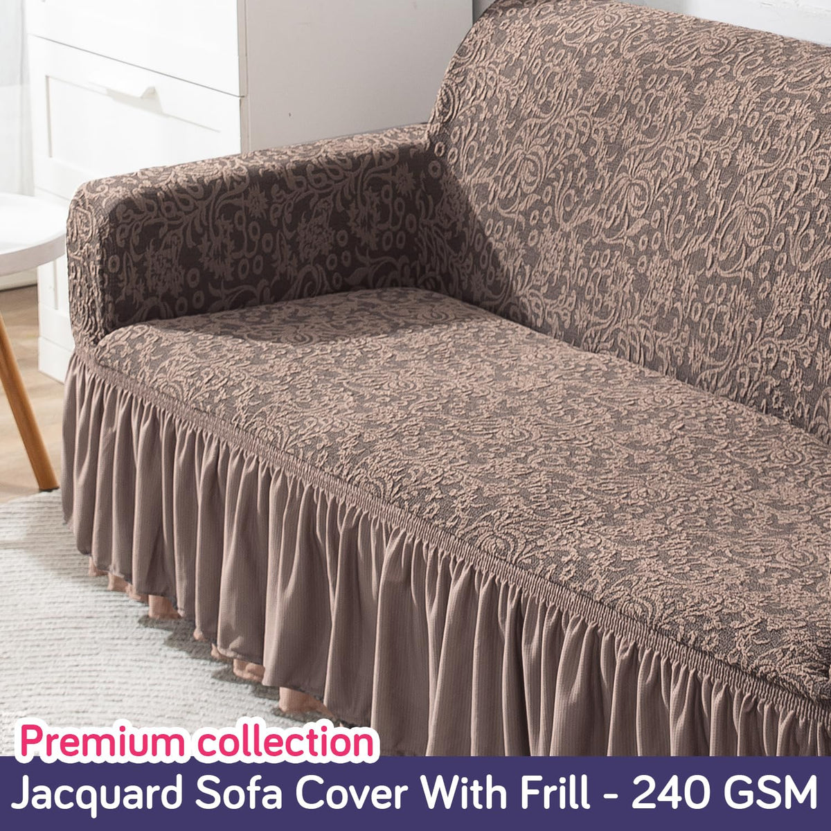 Elastic Stretchable Designer Woven Jacquard Sofa Cover with Frill, Light Taupe