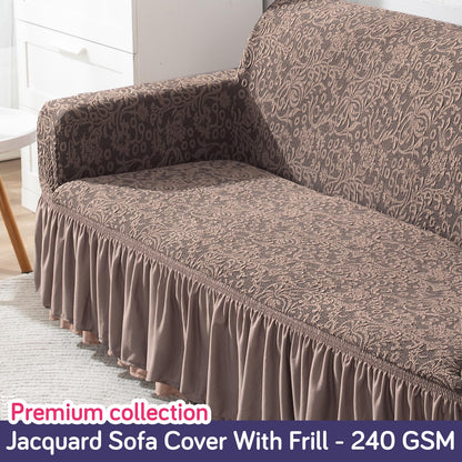 Elastic Stretchable Designer Woven Jacquard Sofa Cover with Frill, Light Taupe