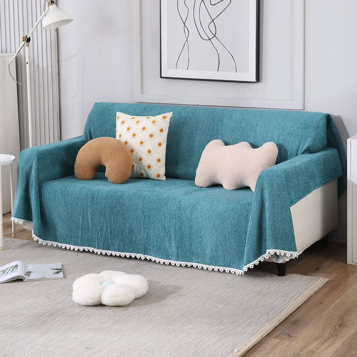 Elegant Blue colour chenille throw for sofa 

