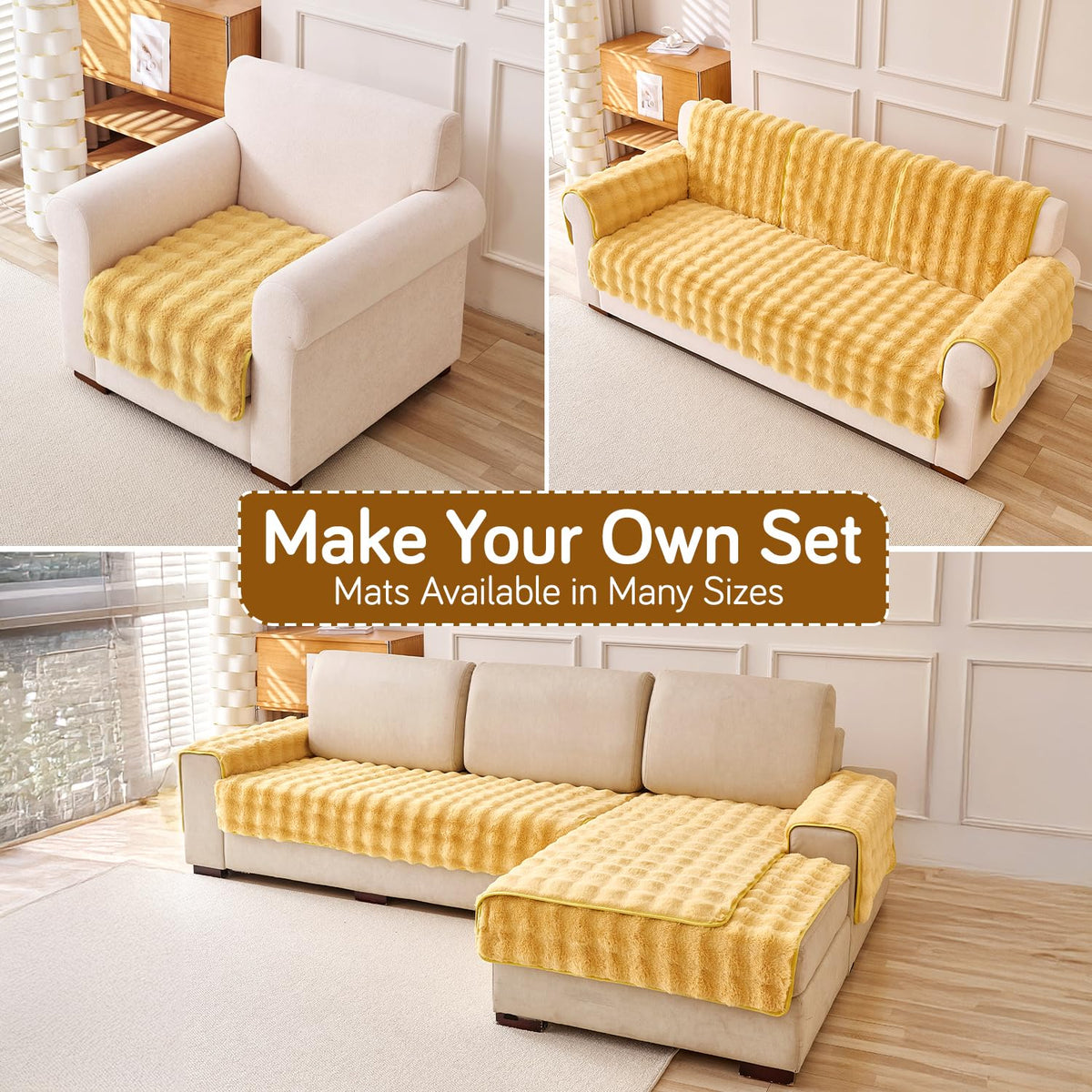 'FurHug' Premium Faux Rabbit Fur Sofa Seat Mats, Honey Yellow