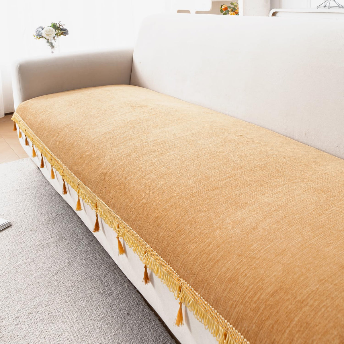 Serenity Tassel Chenille Sofa Cover with Tassel – Sunlit Amber
