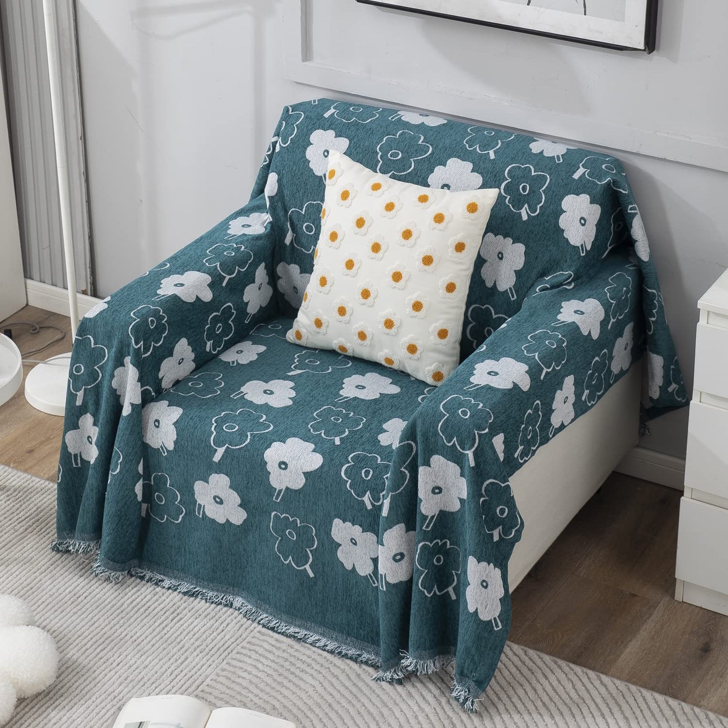 Thick, Soft and Pet Friendly Chenille Sofa Cover Throw, Teal Floral