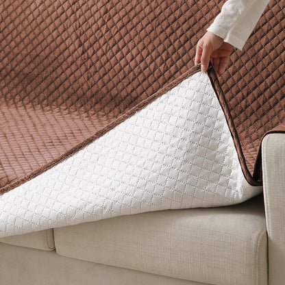 Quilted Velvet Sofa Cover Mat with Side Pockets, Pet Friendly, Russet Brown