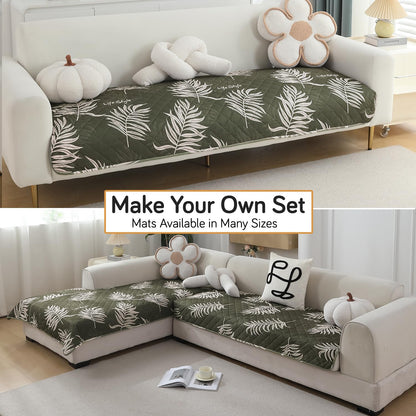 Quilted, Waterproof and Anti-Slip Sofa Cover Mat, Palm Leaves Olive