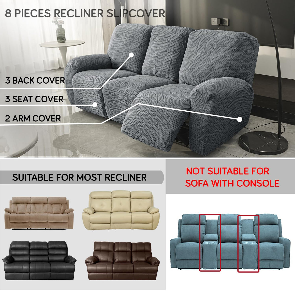 Buy Dark Grey Colour Jacquard 8 Pieces Recliner Slipcover | HOKIPO
