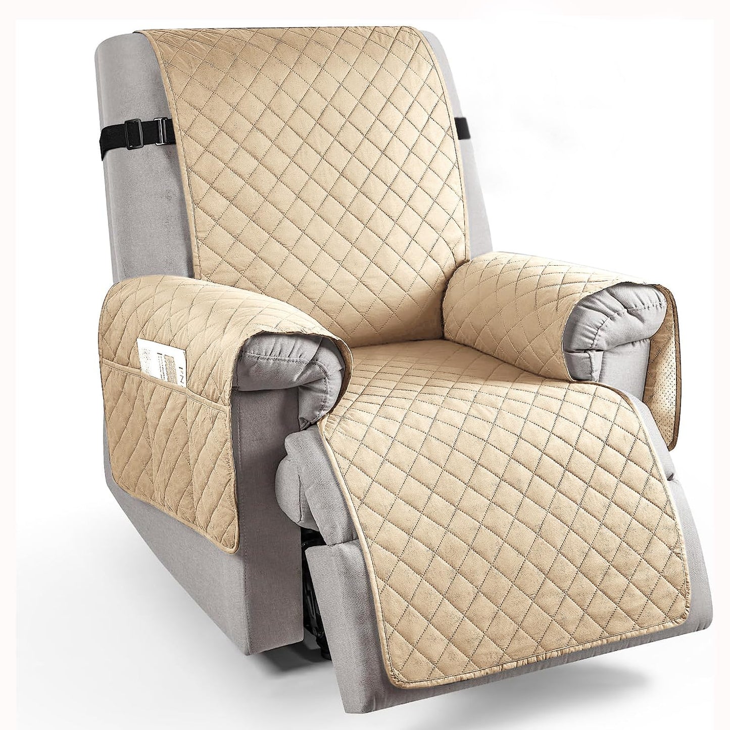 Quilted Recliner Chair Cover With Side Pockets for 1 Seater Sofa, Sand Brown