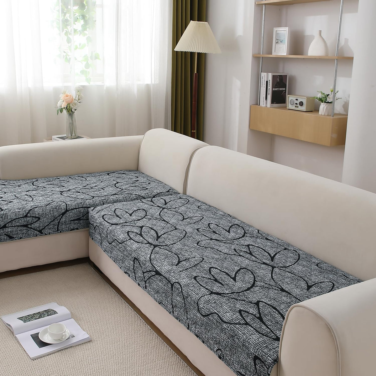 Waterproof Printed Quilted Quick Dry L Shape Sofa Seat Cover Mat, Intense Grey Abstract Floral
