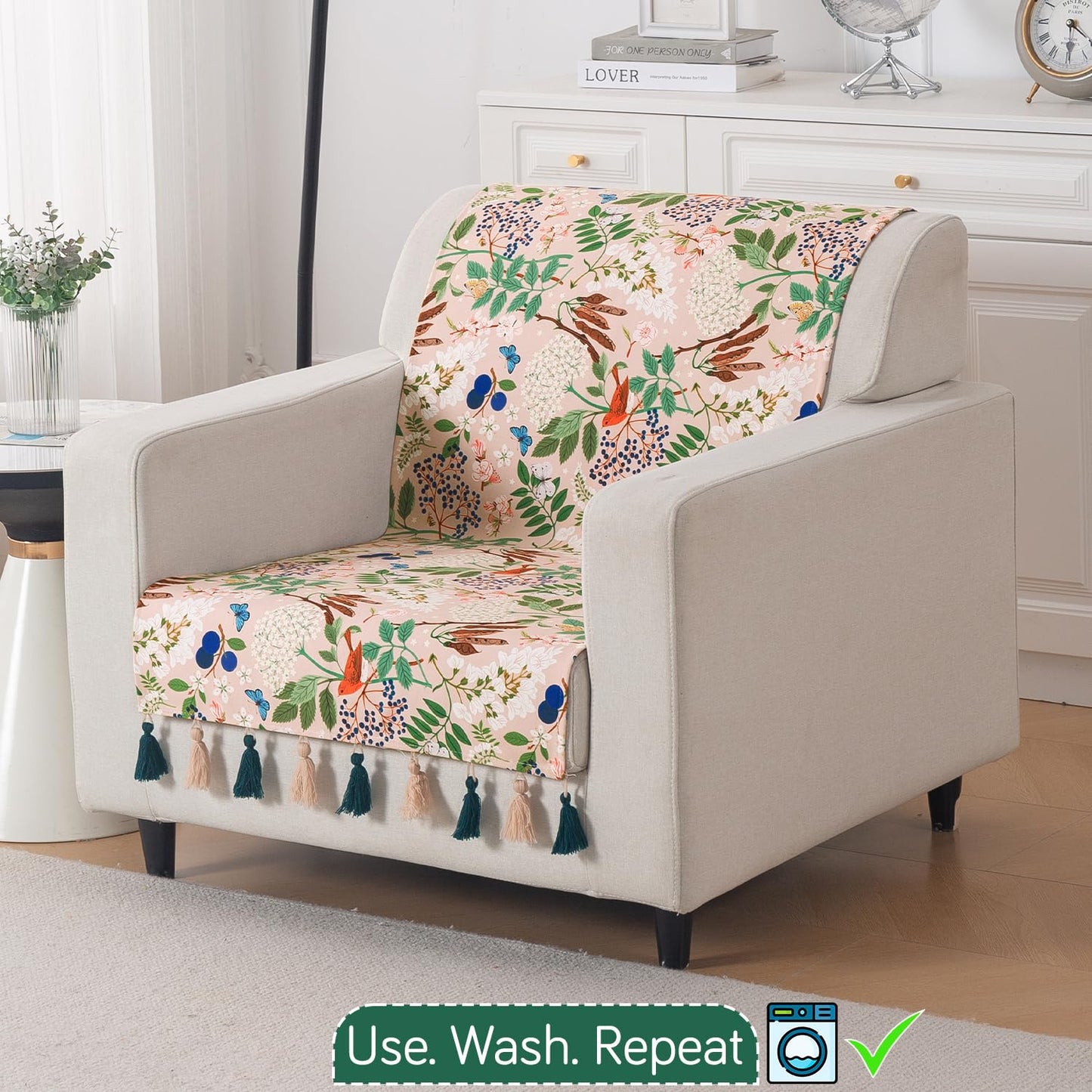 'Whispers of Nature' Series Holland Velvet Sofa Cover with Tassel, Beige Woodland Bloom