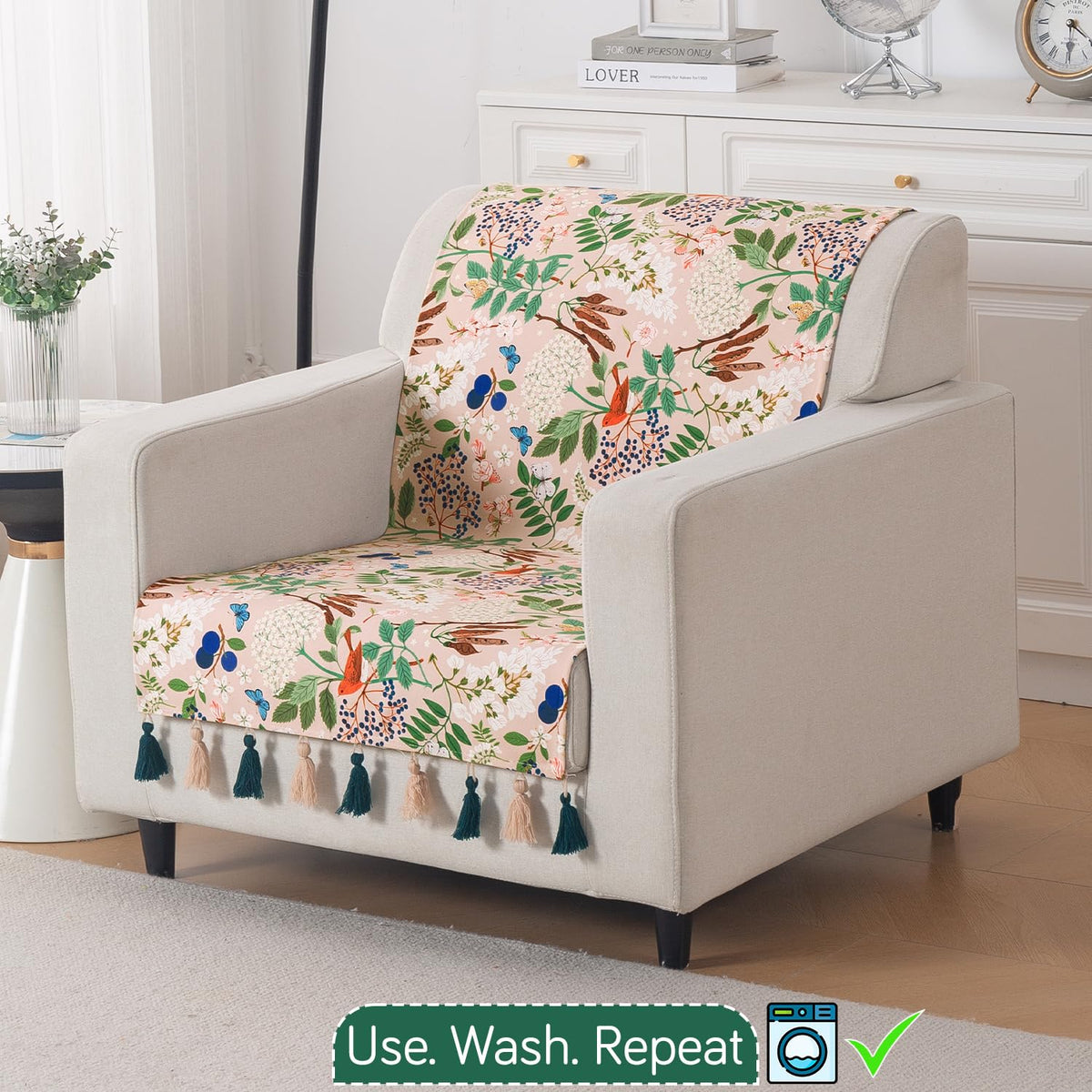 'Whispers of Nature' Series Holland Velvet Sofa Cover with Tassel, Beige Woodland Bloom
