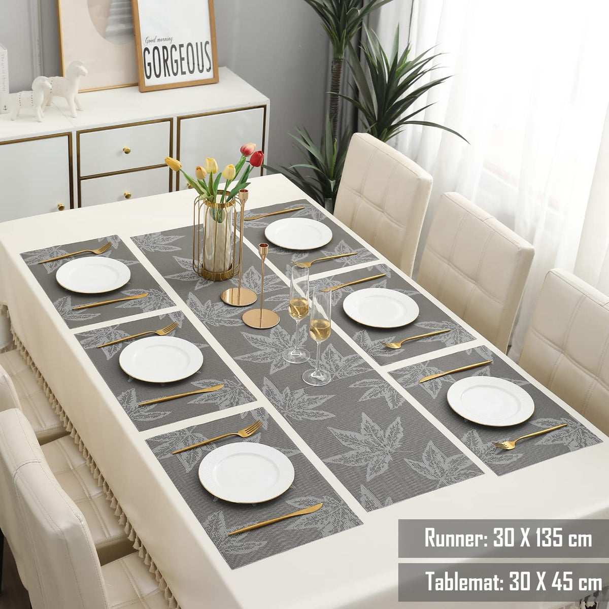 PVC Dining Table Mats, Grey Maple Leaf