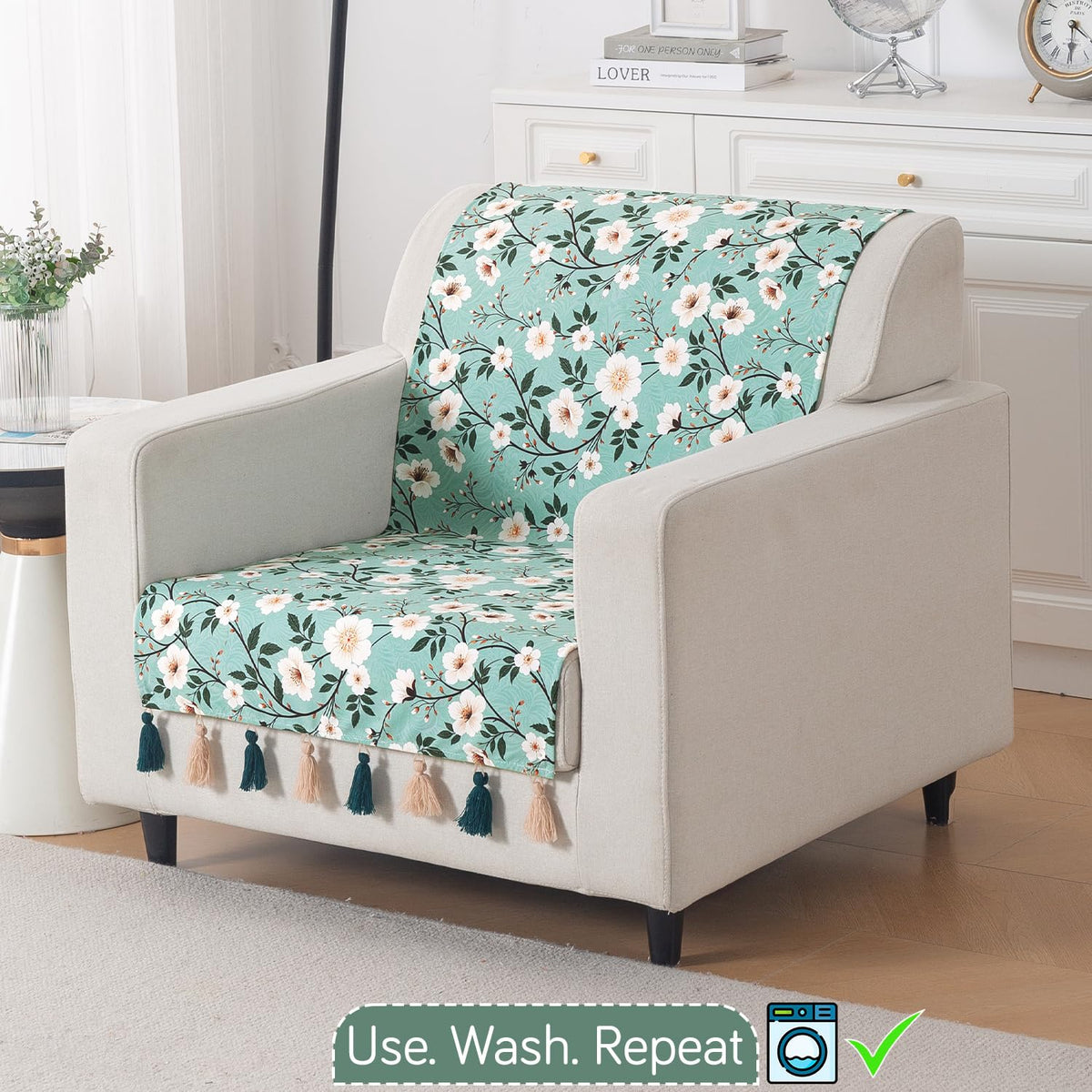 'Whispers of Nature' Series Holland Velvet Sofa Cover with Tassel, Sage Floral Vine