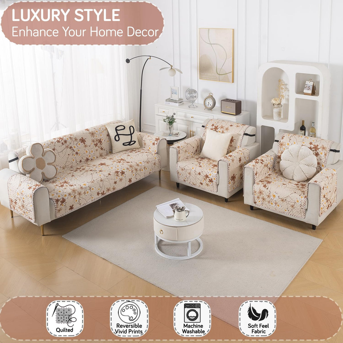 Easy Drape Reversible Quilted 5-Seater Sofa Cover (3+1+1), Golden Bloom