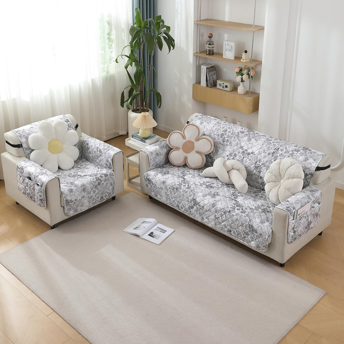 Abstract Pale Grey print quilted waterproof sofa cover set available for 1, 2 & 3  seater sofas