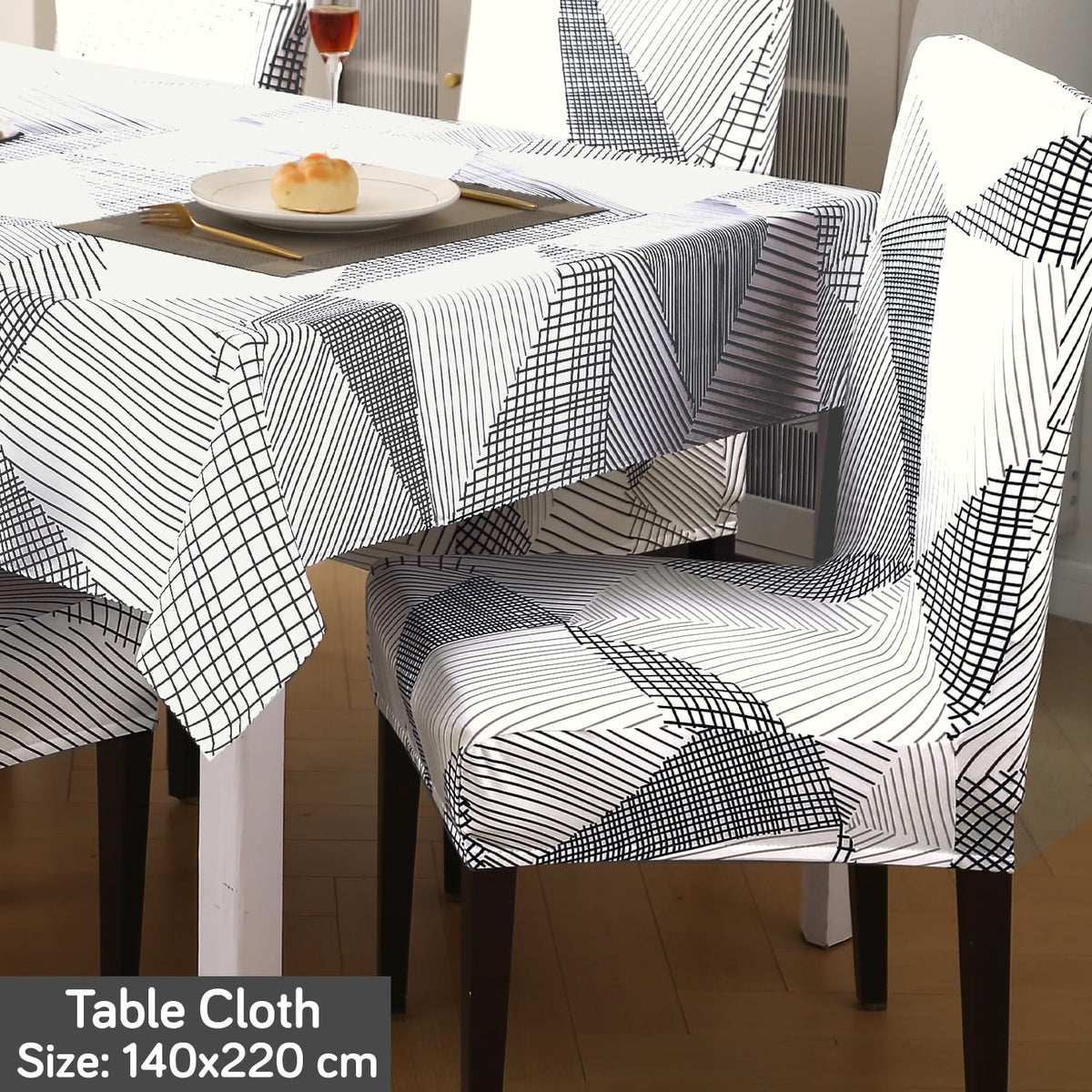 Elastic Dining Chair Covers with Matching Tablecloth, Snow White Black Geometry