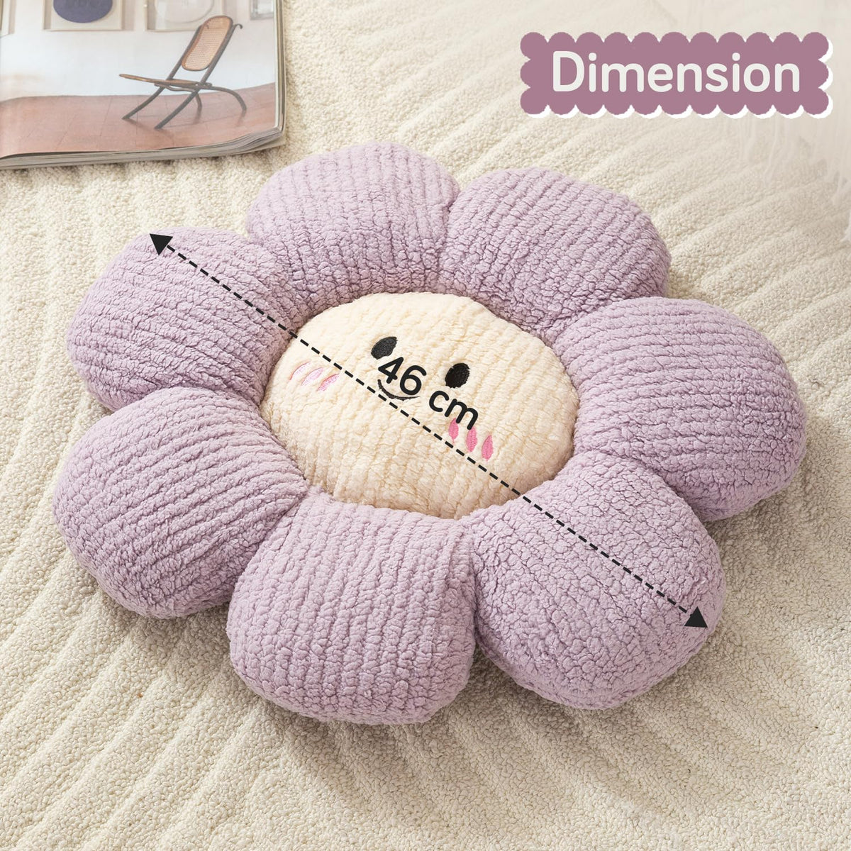 HOKIPO Cute Flower Plush Pillow | Soft Smiley Face Throw Cushion for Sofa, Couch & Bed | Fluffy Floral Pillow for Kids Room, Nursery & Home Décor | 46 cm, Lavender (AR-6729-LVNDR)