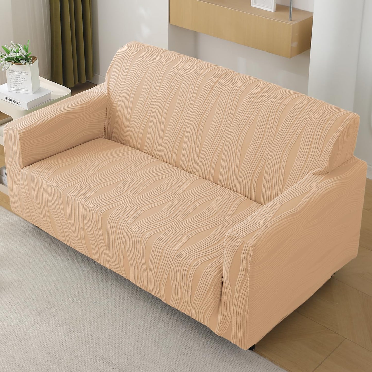 200gsm Knitting Jacquard Sofa Cover 1/2/3/4 Seater Fully Covered, Blush Beige