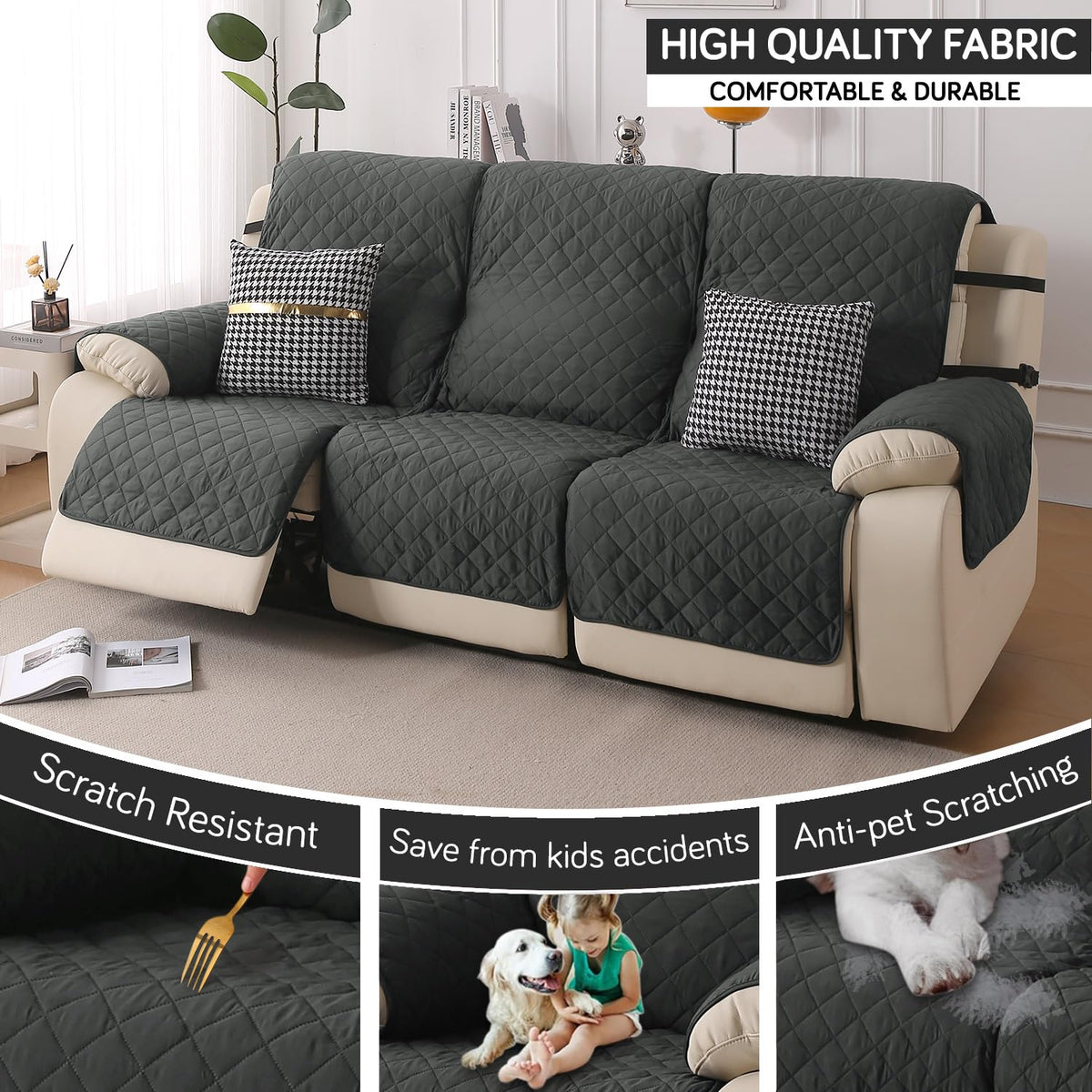 UrbanQuilt Recliner Sofa Slipcover Mat with Dual Belt for 1/2/3 Seater - Anchor Grey