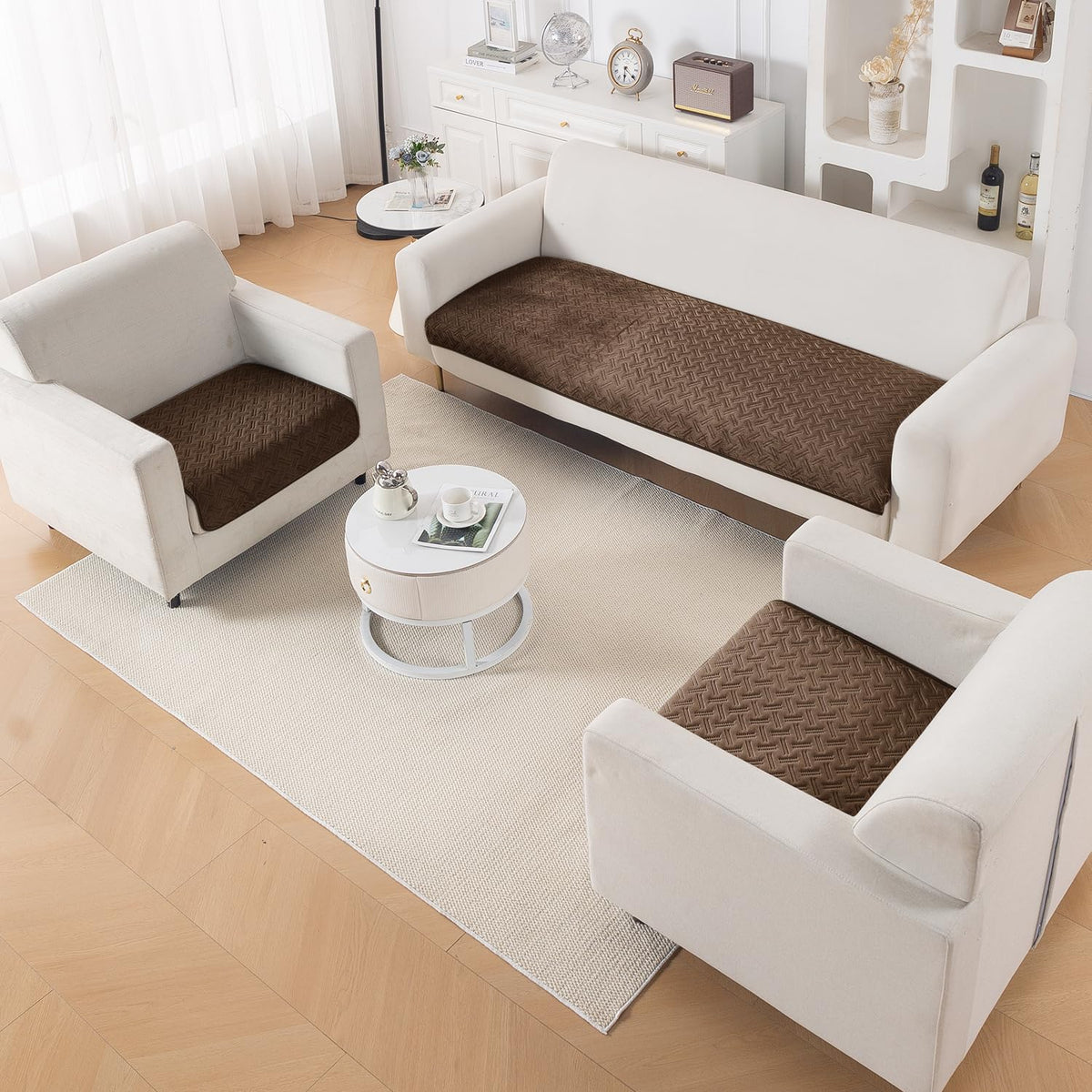 Premium Velvety Quilted Softline 5-Seater Sofa Cover (3+1+1), Chocolate Brown