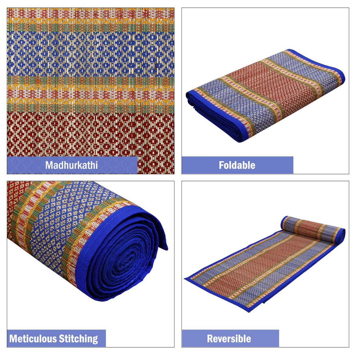 Blue chatai mat - Madhurkathi, Foldable, Reversible & Meticulous Stitching | HOKIPO