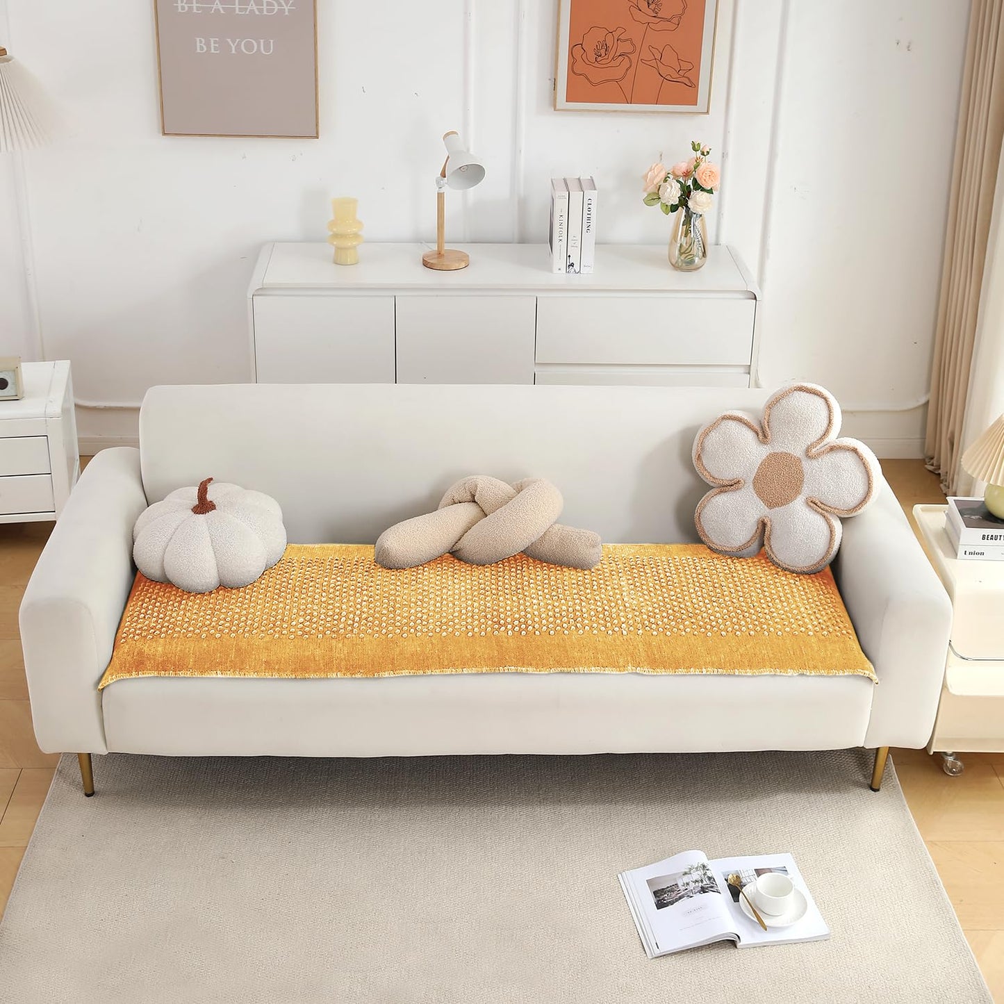 Handloom Made Thick Poly Velvet Reversible Sofa Mat for 1/2/3 Seater, Buff Cream