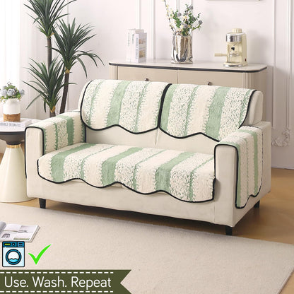 Luxury Sofa Cover Set | Seat, Back & Arm Covers | Anti-Slip Wavy Mat – Pistachio Green