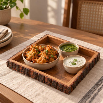 HOKIPO Arbor Mango Wood Serving Tray with Bark Edge, Square 25 x 25 cm - image 1