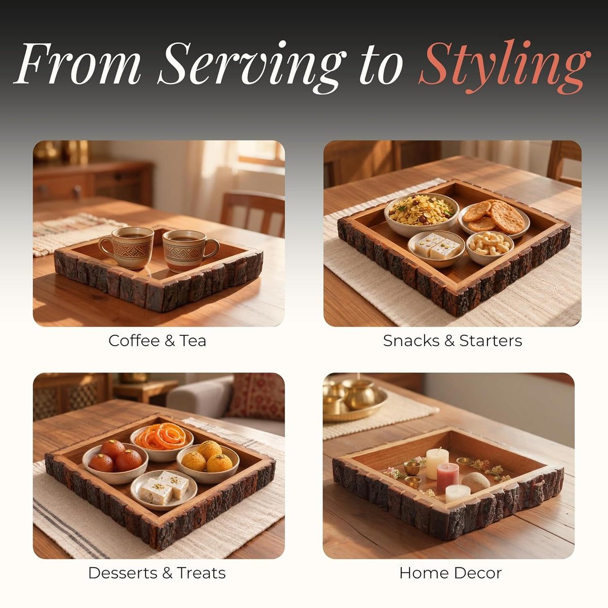 HOKIPO Arbor Mango Wood Serving Tray with Bark Edge, Square 25 x 25 cm - image 7