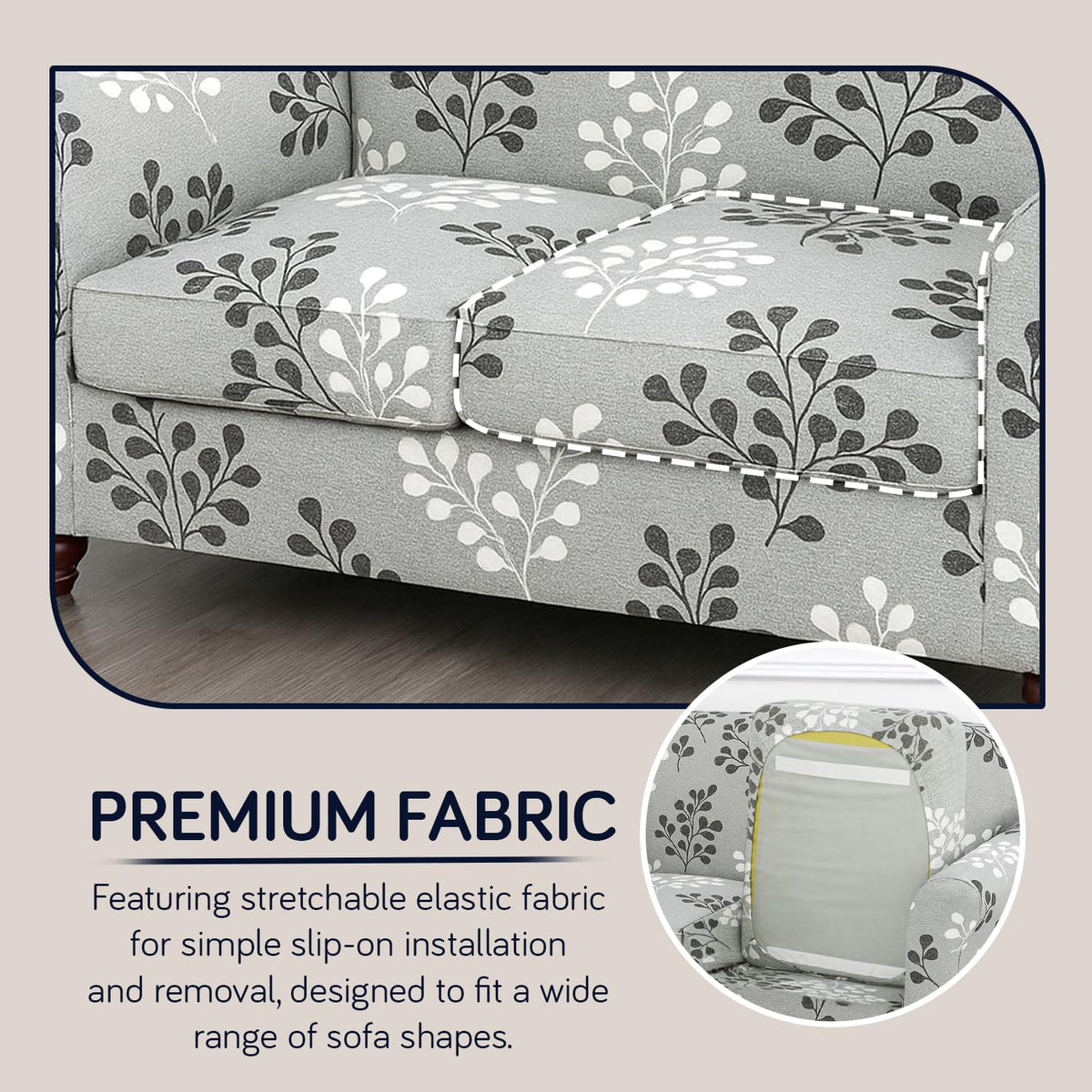 Printed Stretchable Sofa Slipcover with 1/2/3 Pc Separate Seat Cushion Cover for each 1/2/3 Seater, Grey Misty Branches
