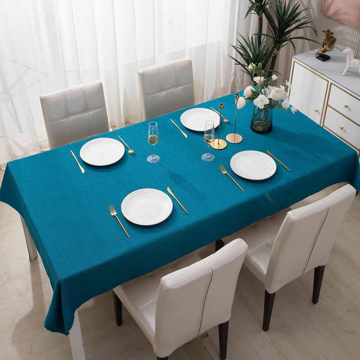 Teal Blue Colour Poly Jute Table Cover | HOKIPO