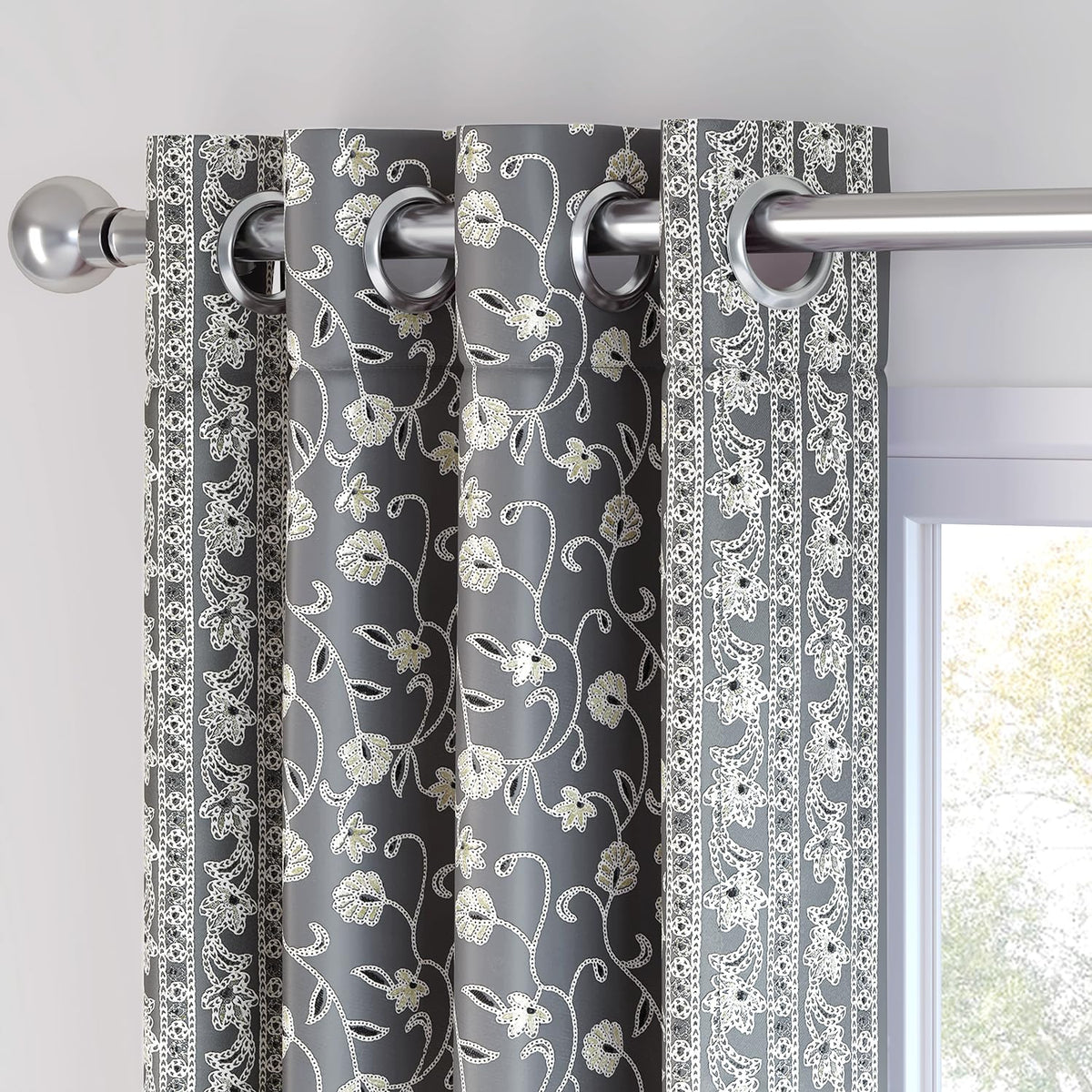 HOKIPO Shahi Bagh Eyelet Curtains, 7 Feet Long - Charcoal Grey - image 7