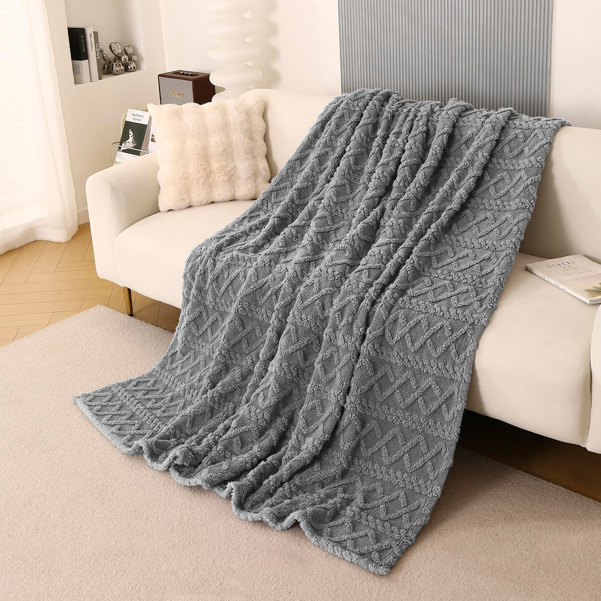 Buy dark grey colour fleece blanket for sofa soft lightweight AC blanket HOKIPO home decor use