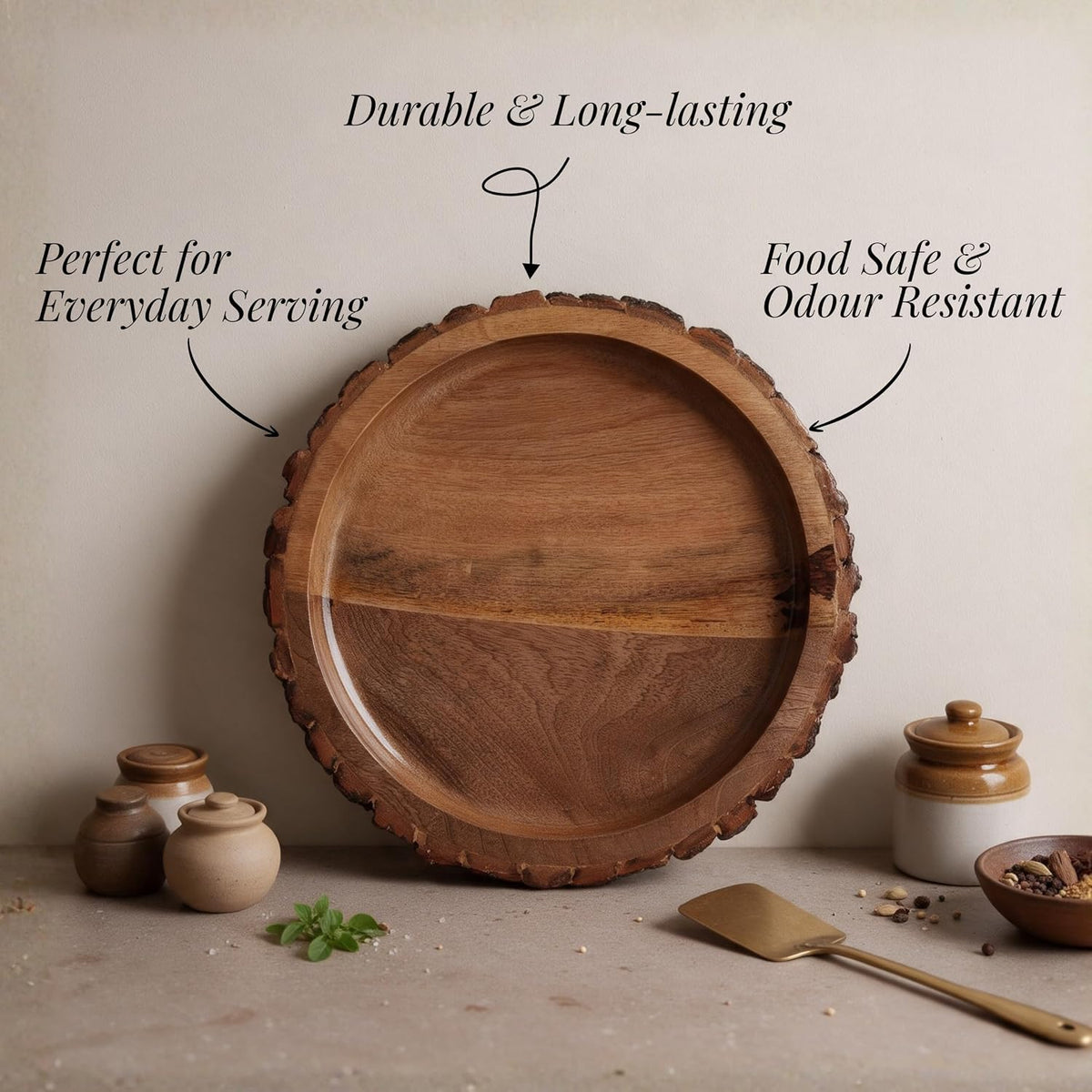HOKIPO Arbor Mango Wood Round Serving Tray with Bark Edge, 32 cm - image 4