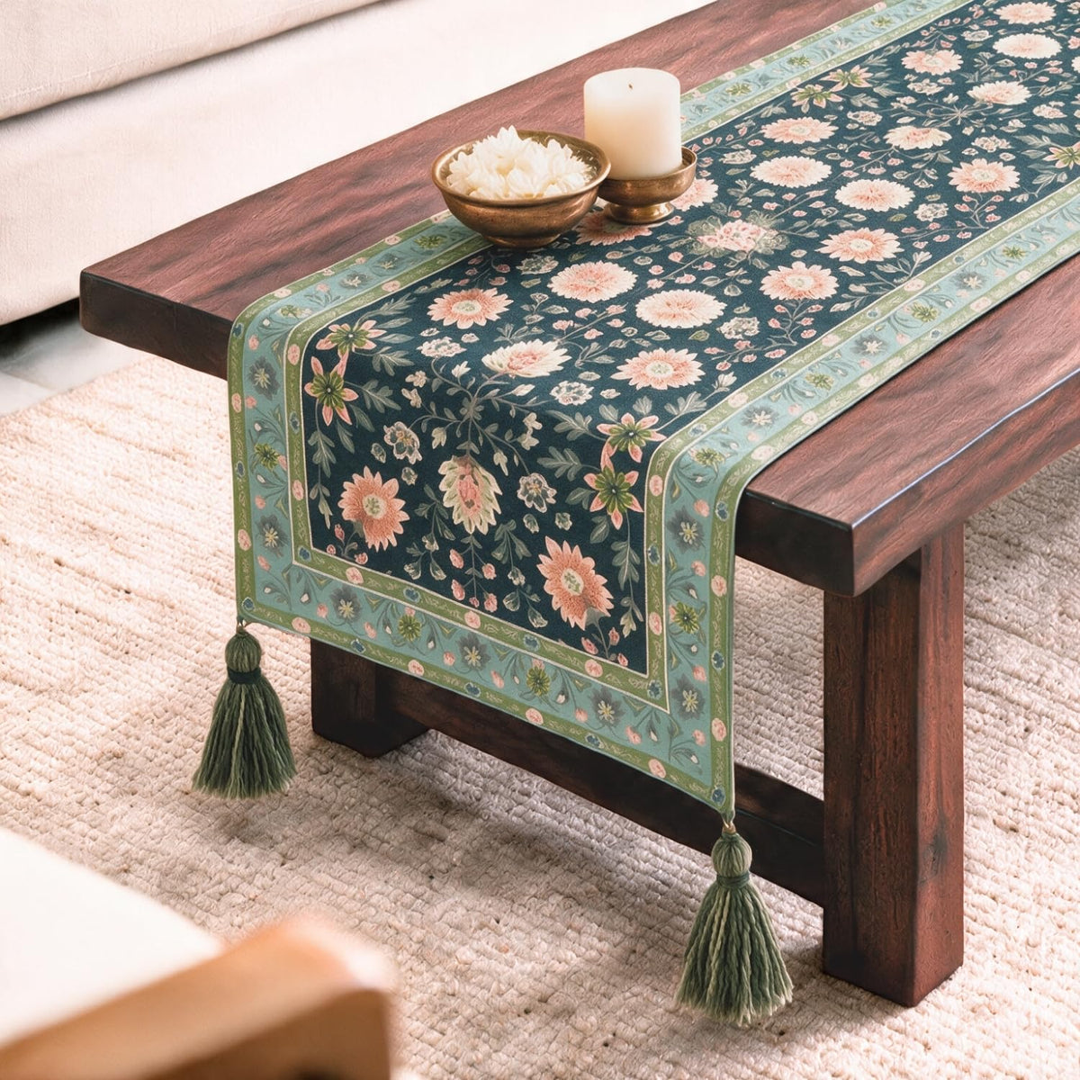 HOKIPO Floral Printed & Embroidered Table Runner, Charcoal Sage - image 8