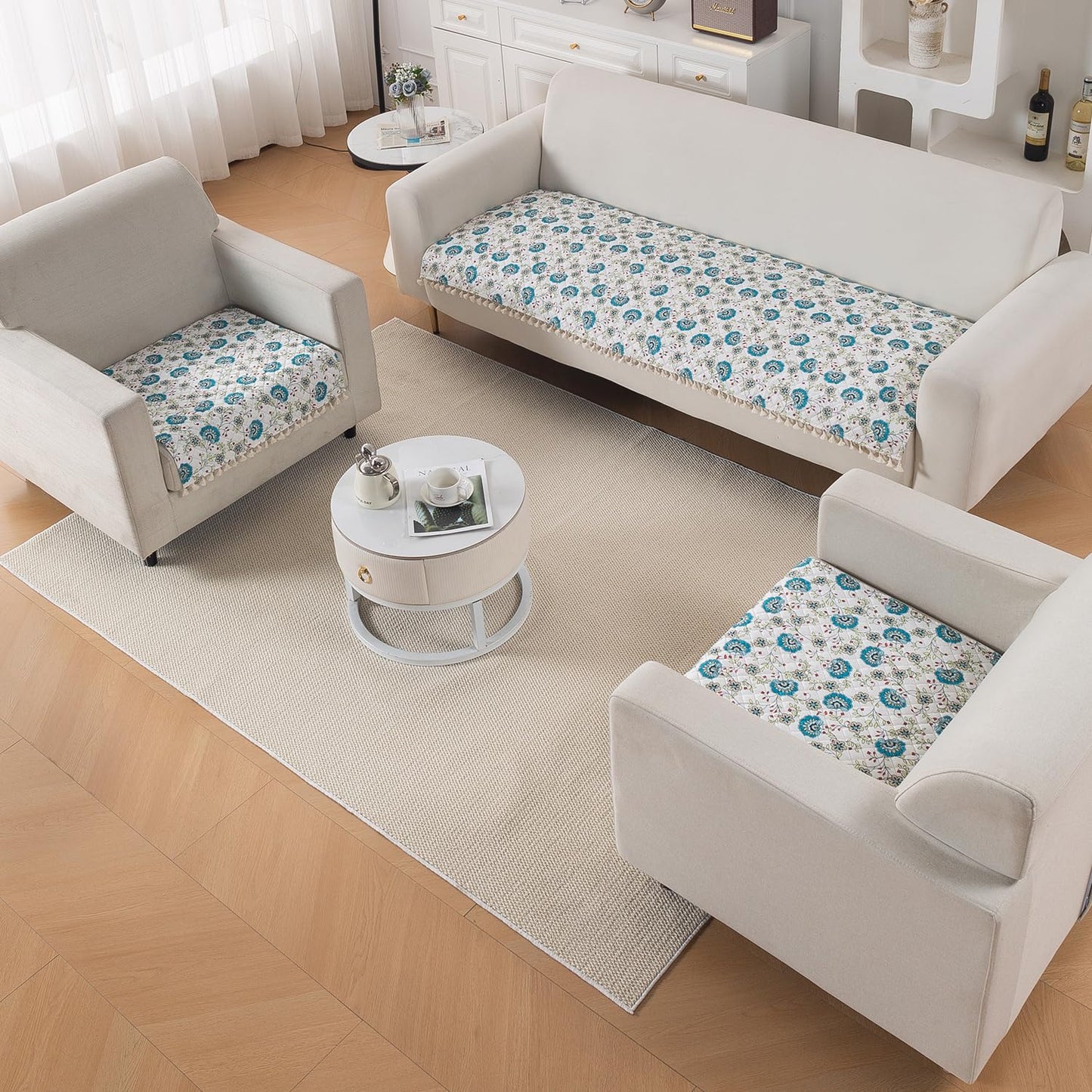 Quilted Sofa Seat Mat for 5-Seater Sofa (3+1+1), Tassel Twigs | Cerulean Bloom