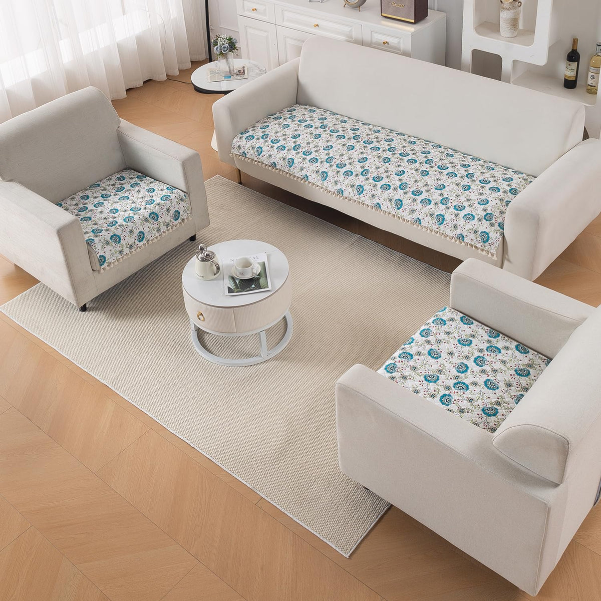 Quilted Sofa Seat Mat for 5-Seater Sofa (3+1+1), Tassel Twigs | Cerulean Bloom