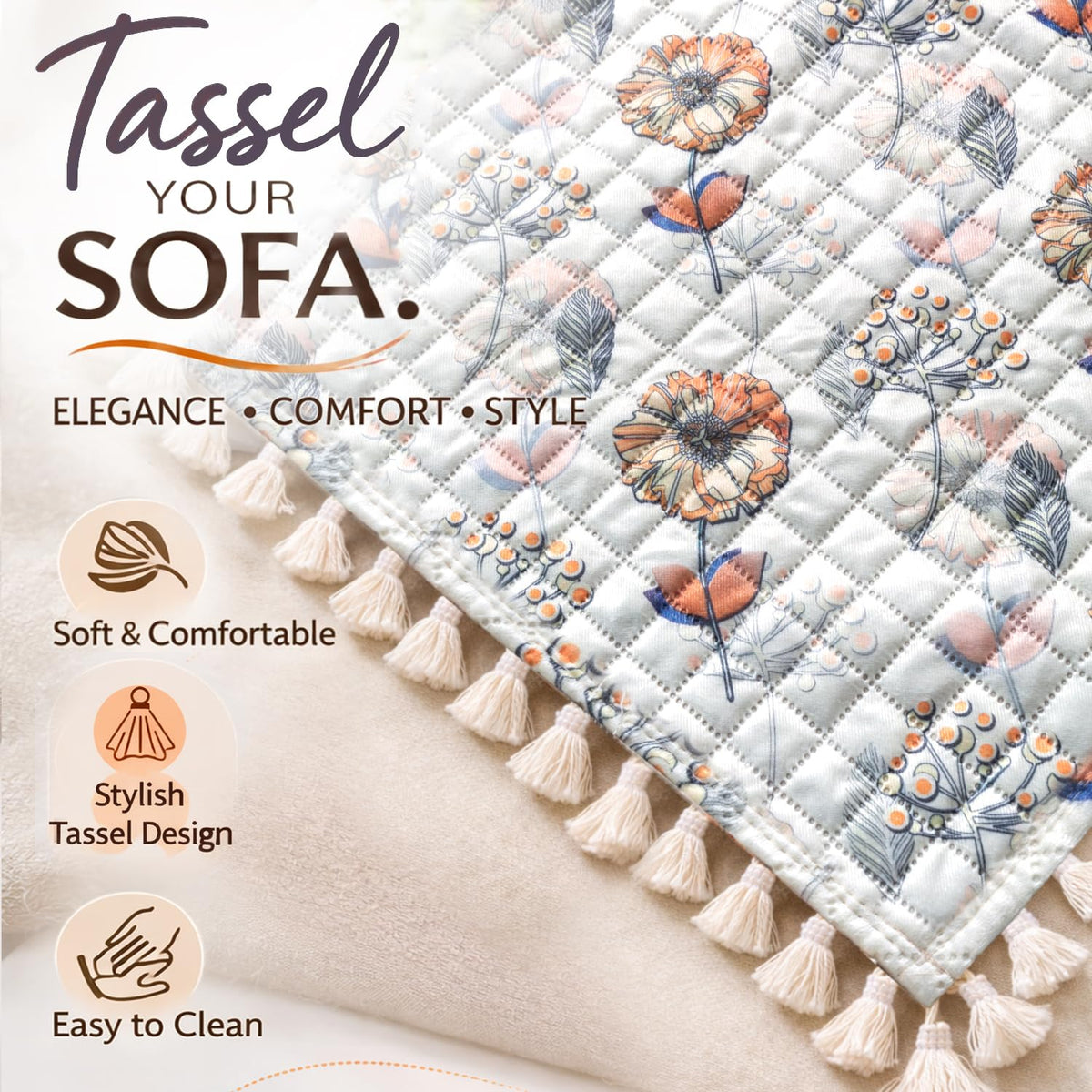 Quilted Sofa Seat Mat for 5-Seater Sofa (3+1+1), Tassel Twigs | Wildflower Breeze