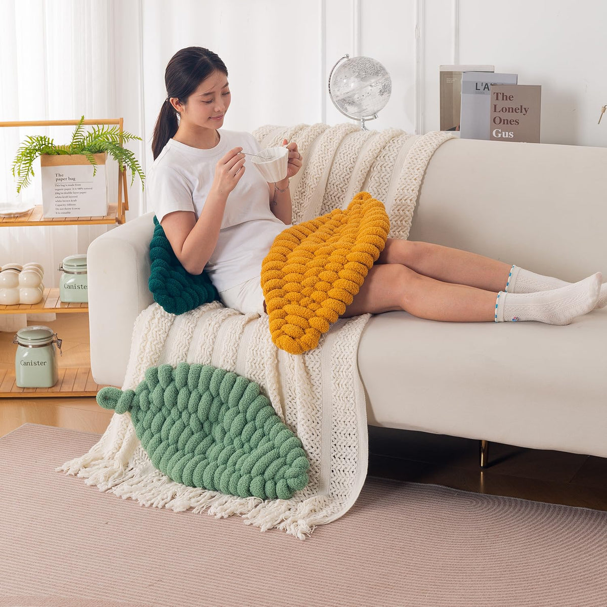 HOKIPO Leaf Shaped Plush Cushion for Sofa, Chair & Bed, 62 cm, Light Green