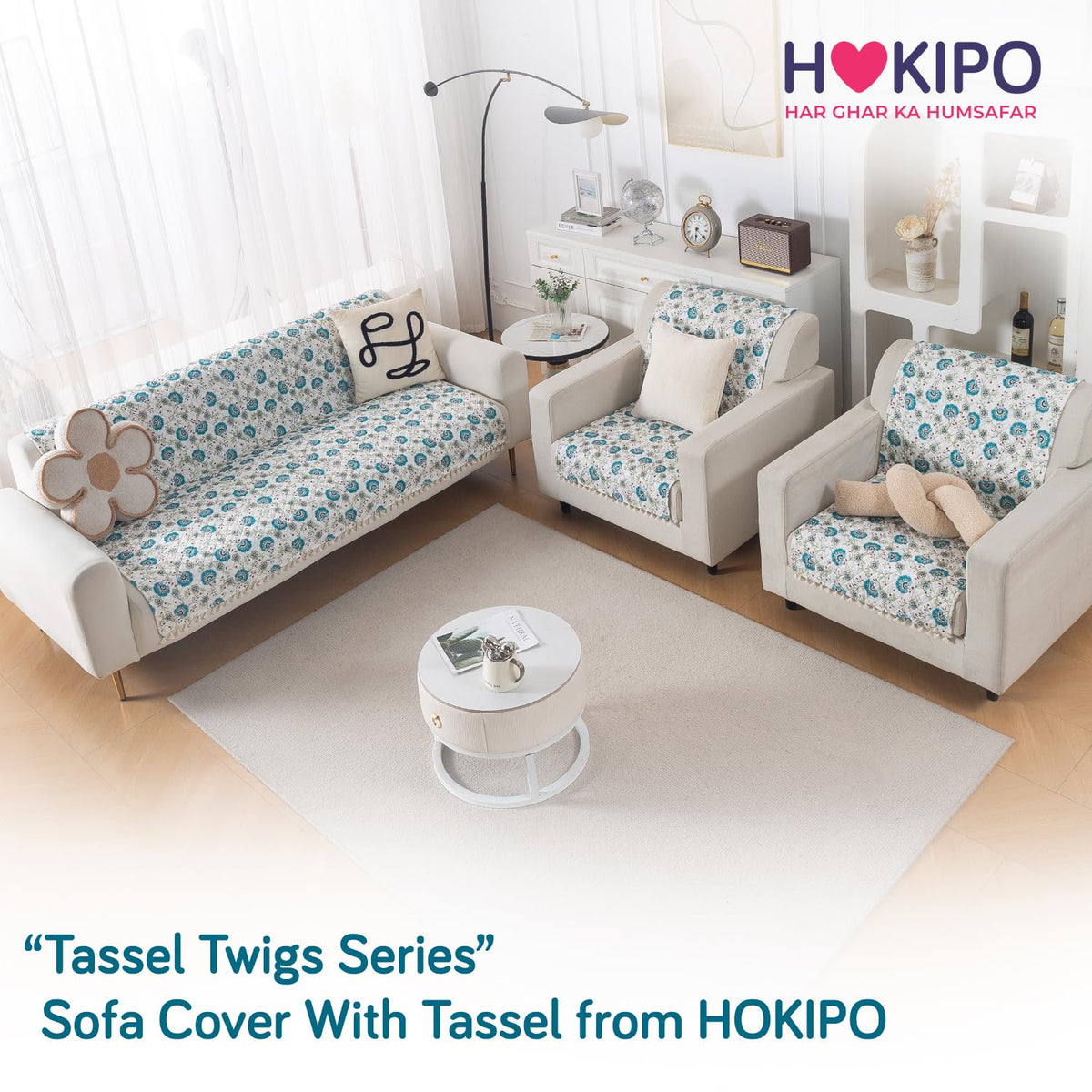 Quilted Sofa Cover 5-Seater Sofa Cover (3+1+1), Tassel Twigs | Cerulean Bloom