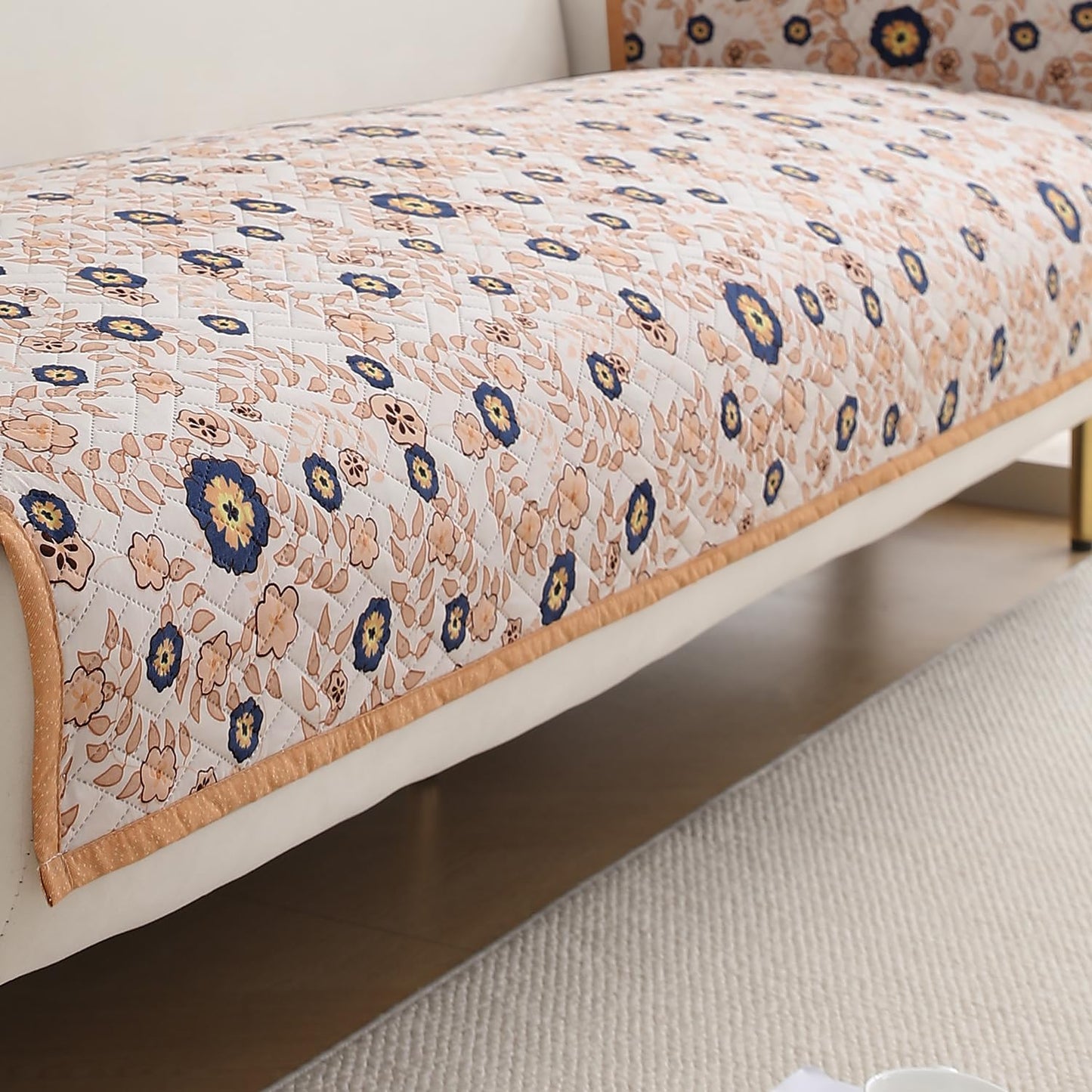 HOKIPO Quilted Sofa Seat Mat for 1/2/3 Seater with 2 Armrest Covers with Pockets, Light Peach Candytuft