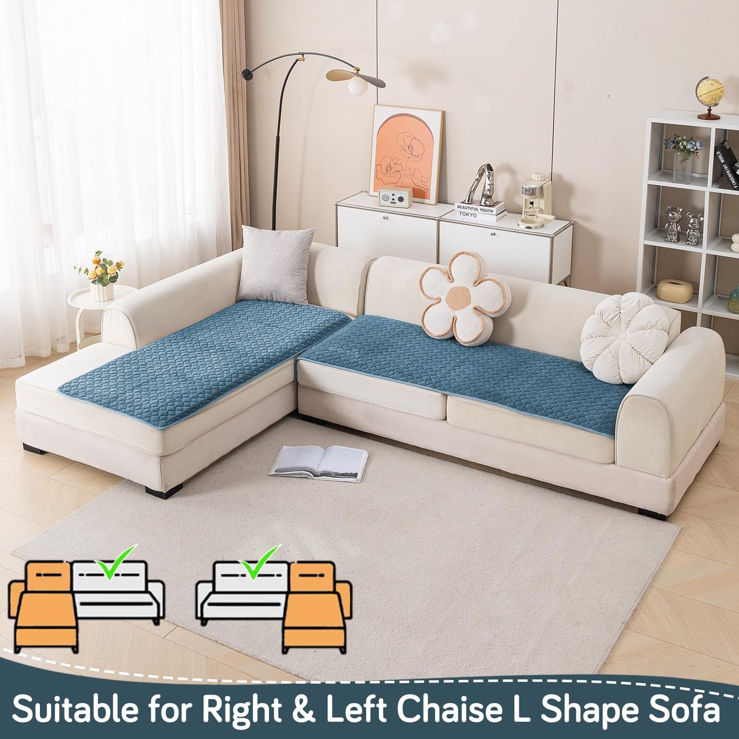 Diamond Plush Premium Quilted L Shape Sofa Cover Seat Mat, Blue