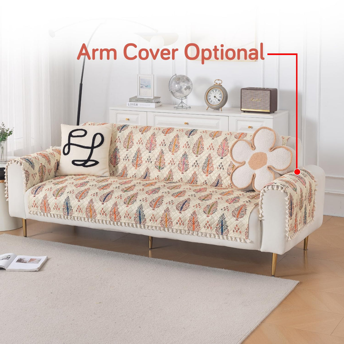 Quilted Sofa Cover 5-Seater Sofa Cover (3+1+1), Tassel Twigs | Royal Kalamkari