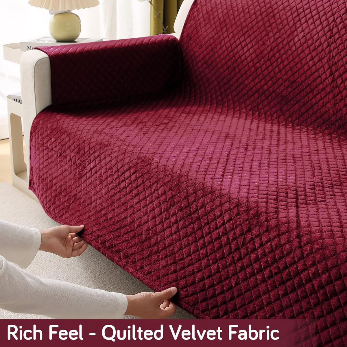 Quilted Velvet Sofa Cover Mat with Side Pockets, Pet Friendly, Sangria Red