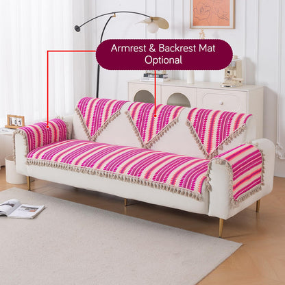 Artisan Boho 5-Seater Sofa Seat Mat wth Tassels (3+1+1), Fuchsia Pink