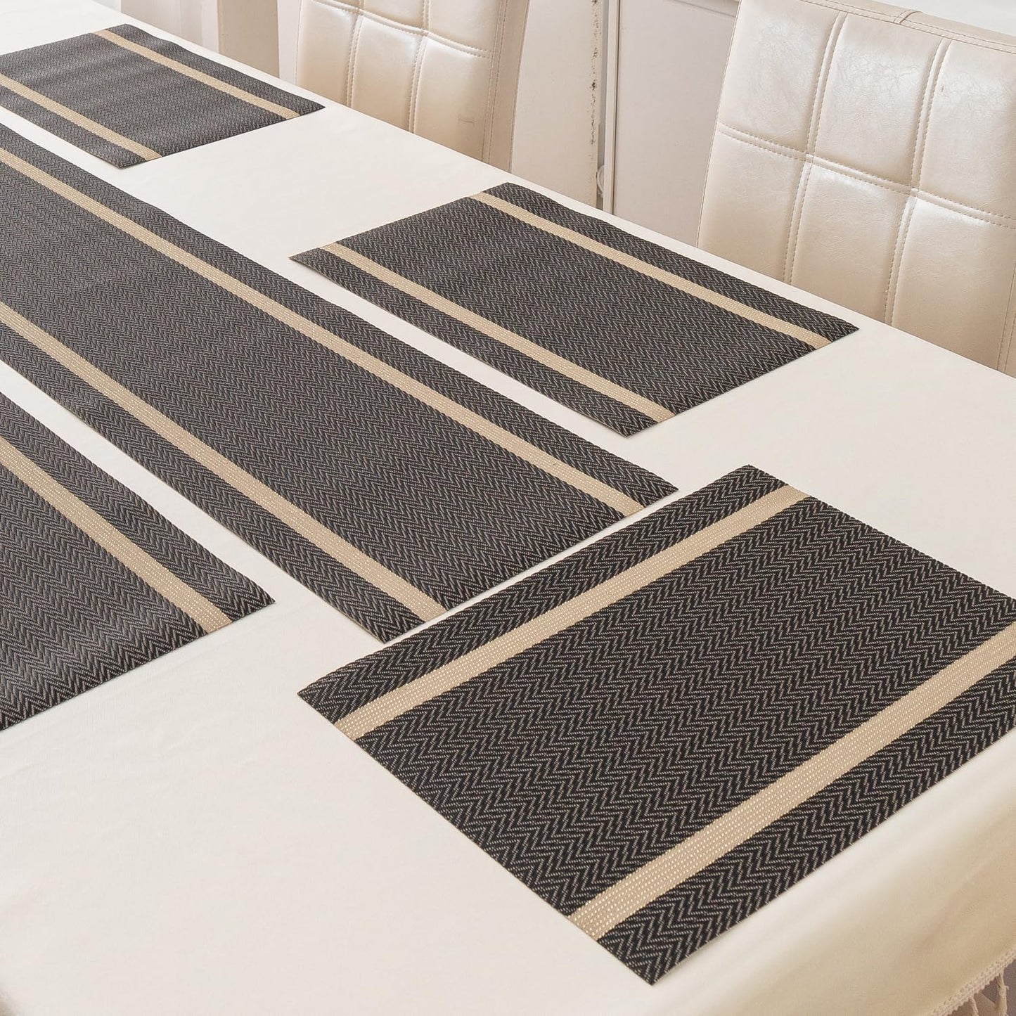 Chevron Stripes PVC Mats for Dining Table - Ebony Black