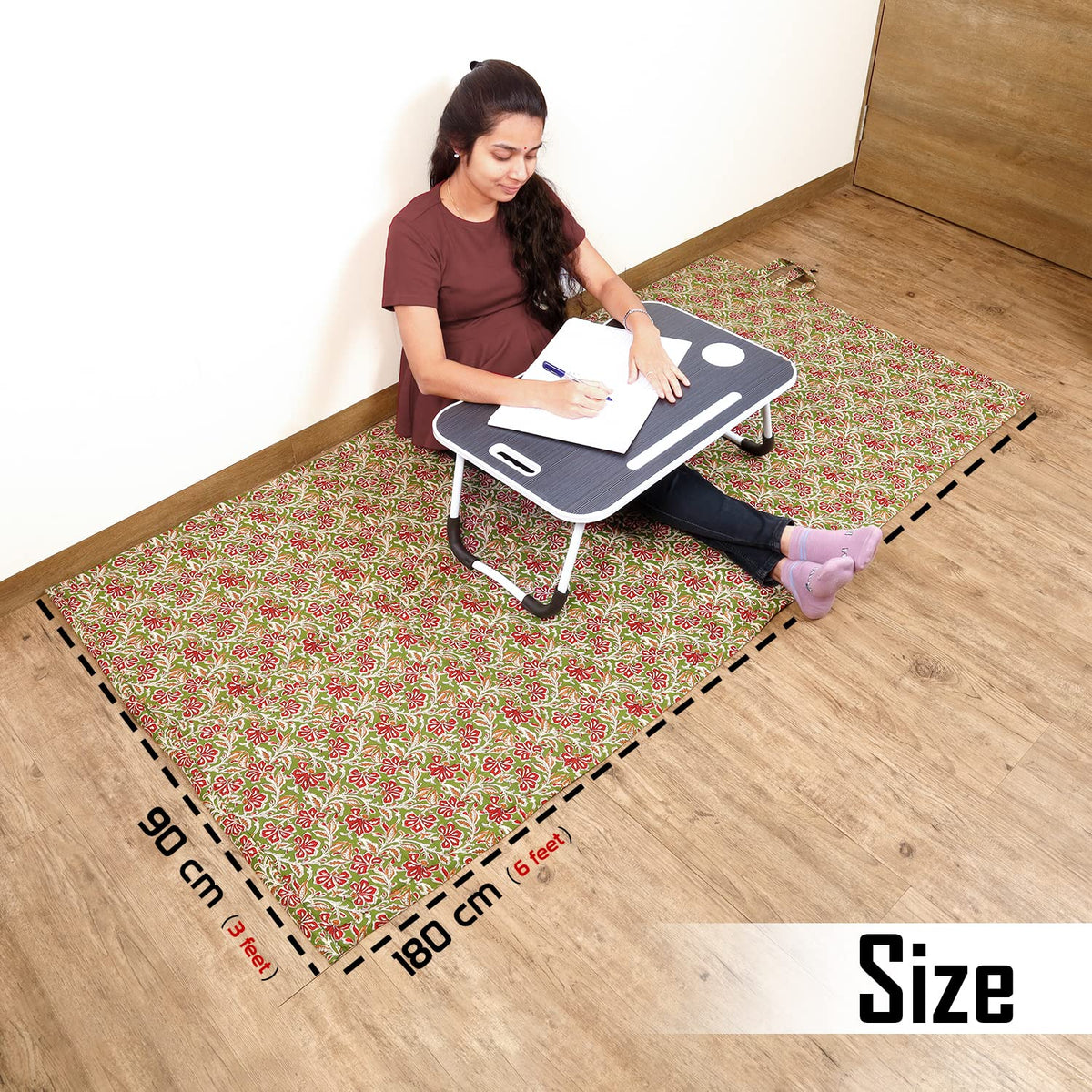 Green colour Madurkathi foam mat size 180 cm x 90 cm, eco-friendly handcrafted chatai mat for study and floor sitting.
