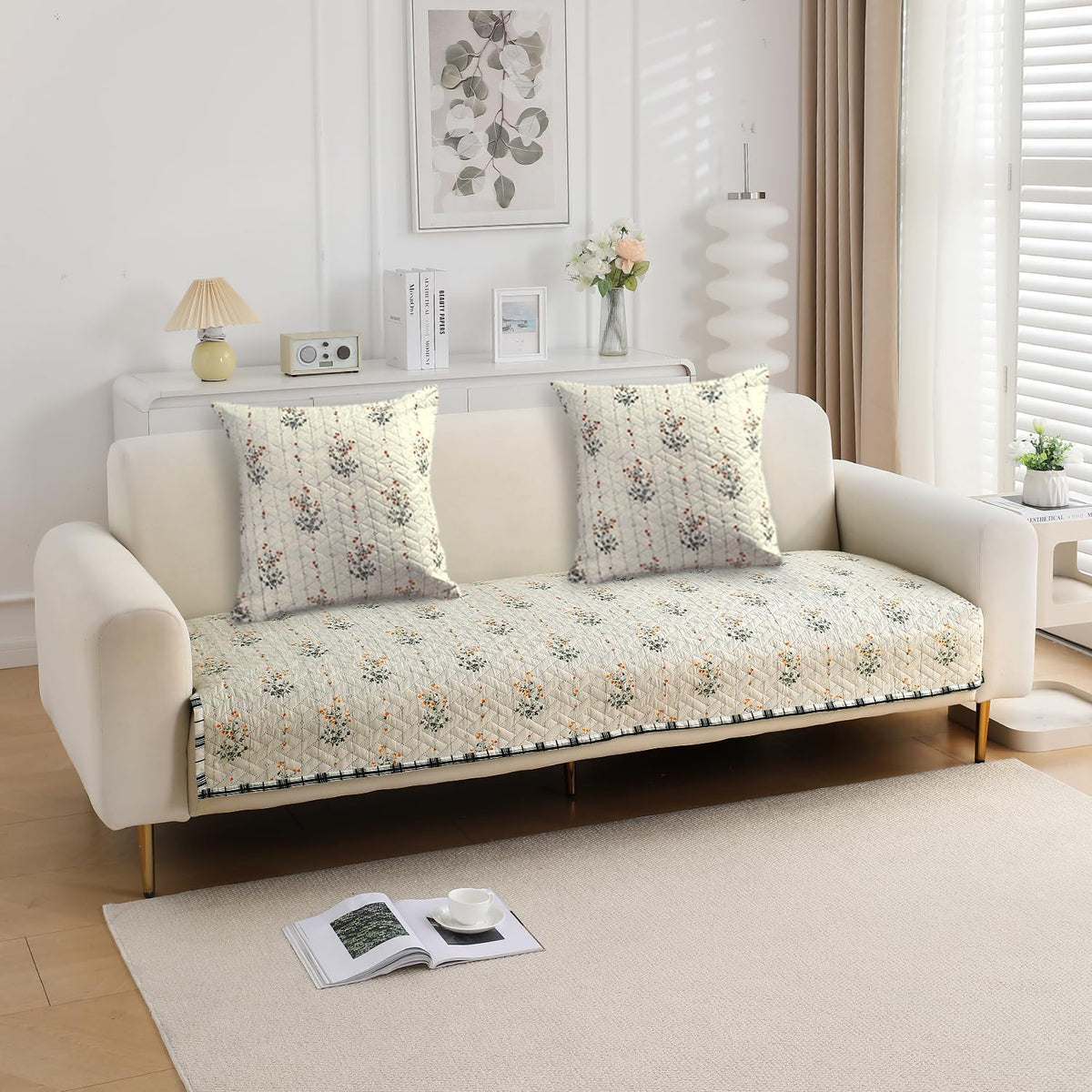 Light Green Ash Gypsy Floral  Printed quilted 2 seater sofa cover​ 