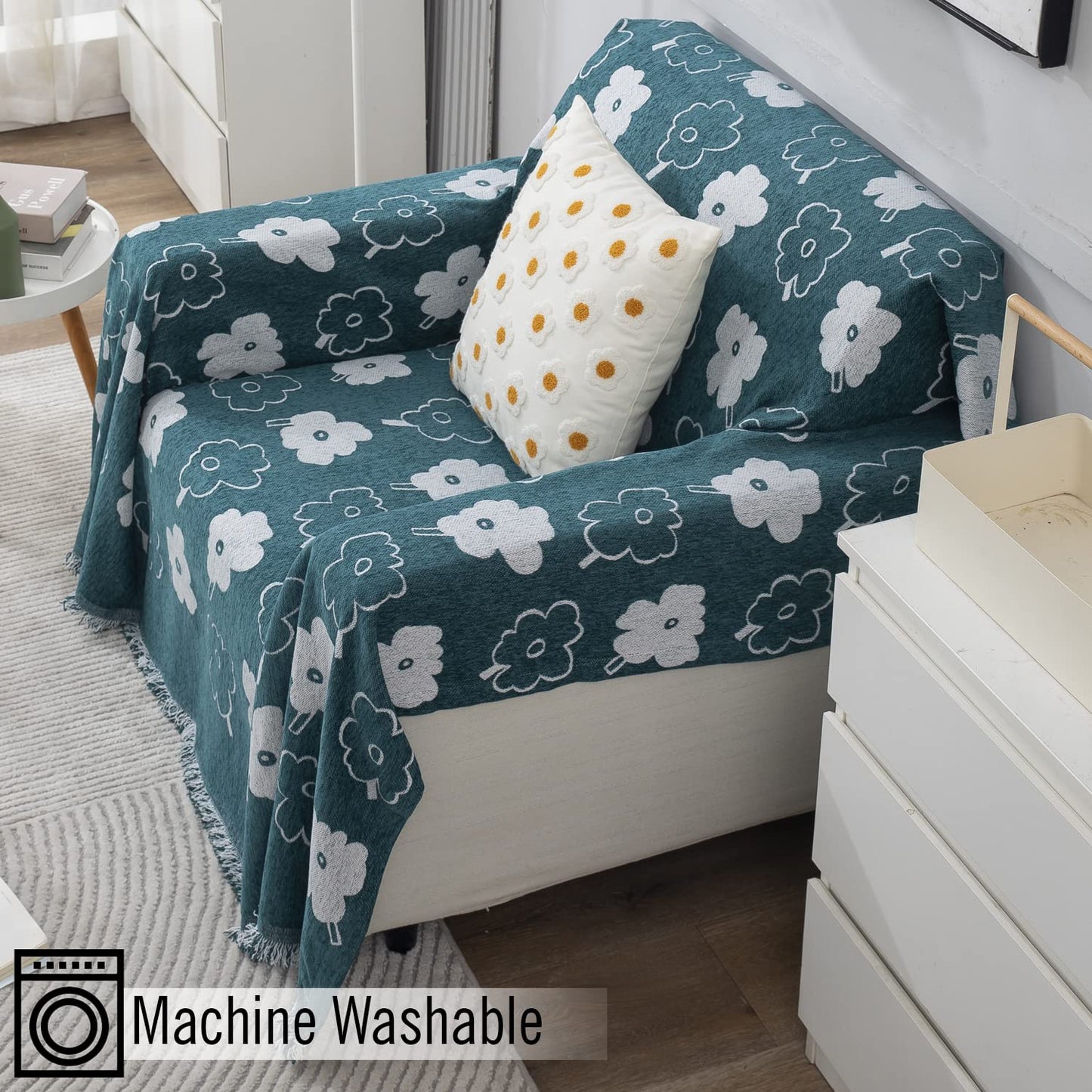 Thick, Soft and Pet Friendly Chenille Sofa Cover Throw, Teal Floral