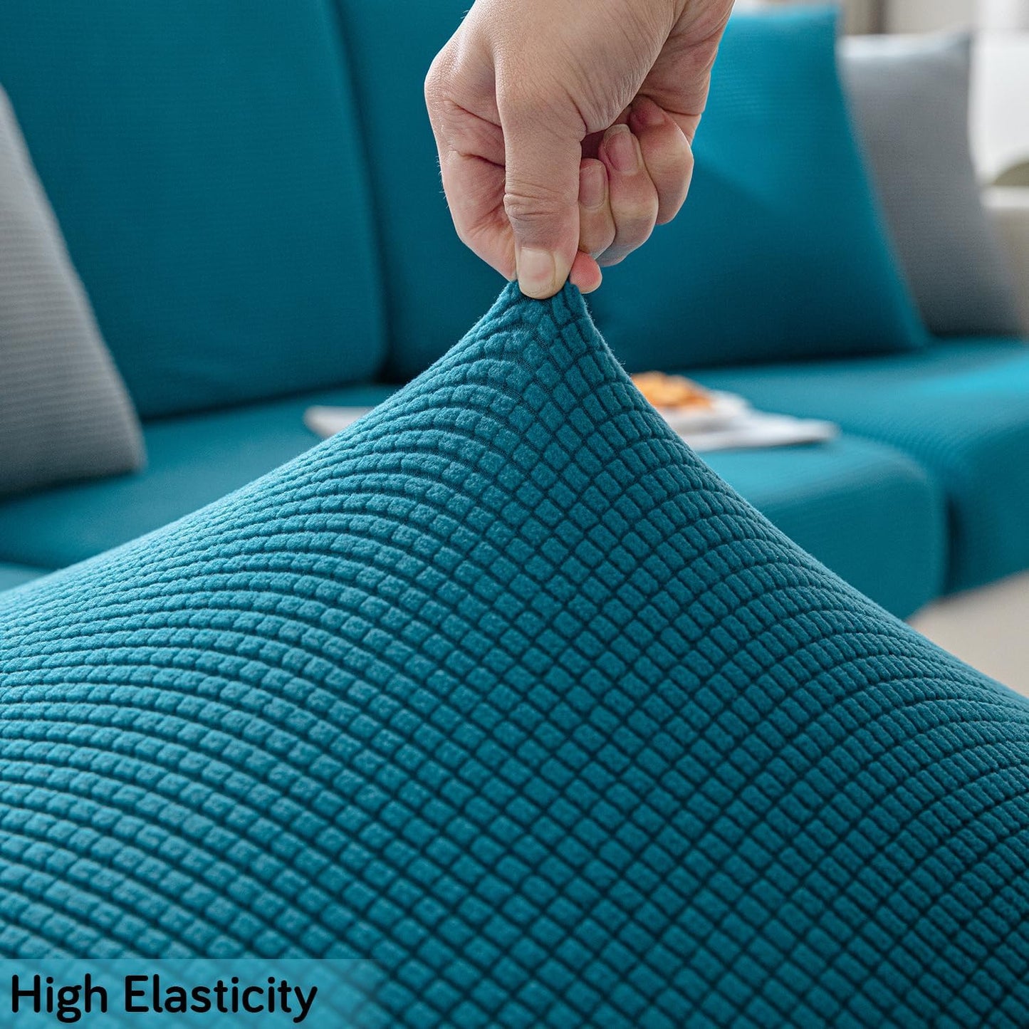 Stretchable Thick Jacquard Textured Seat Cushion Cover for 1/2/3 Seaters / Pieces for Sofa, Teal